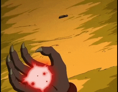 a cartoon hand with sharp claws is holding a red object in its palm .