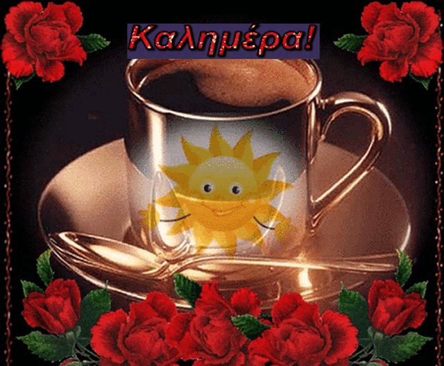 a cup of coffee sits on a saucer surrounded by red roses with the words καλημερα written above it