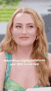a woman in a green dress is talking about blum promises futures and dex in one app