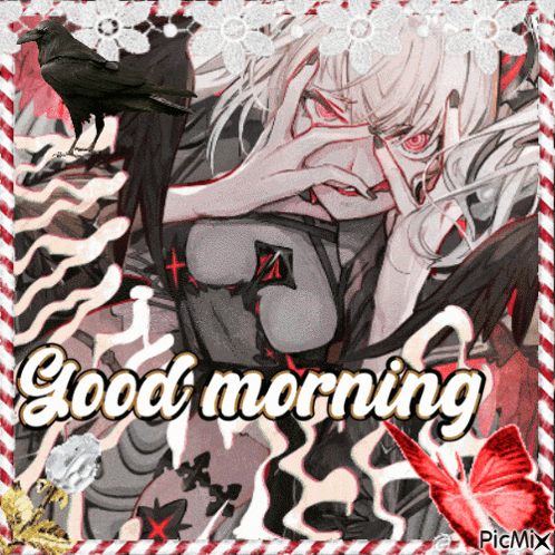 a picture of a girl with a crow and the words good morning on it