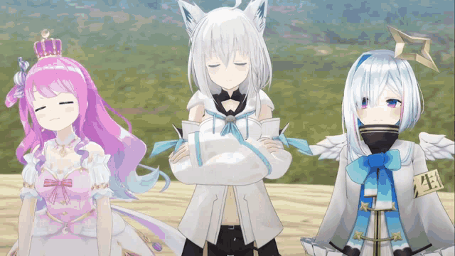 three anime girls are standing next to each other with their eyes closed and one has a crown on her head