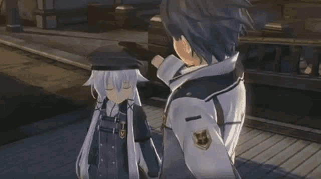a boy and a girl are standing next to each other on a wooden deck in a video game .