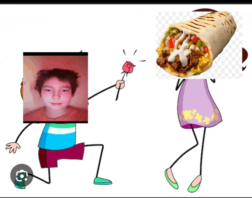 a cartoon of a boy giving a rose to a girl with a burrito instead of a head