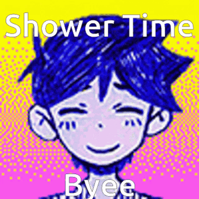 a cartoon of a boy with blue hair is smiling and says shower time byee .