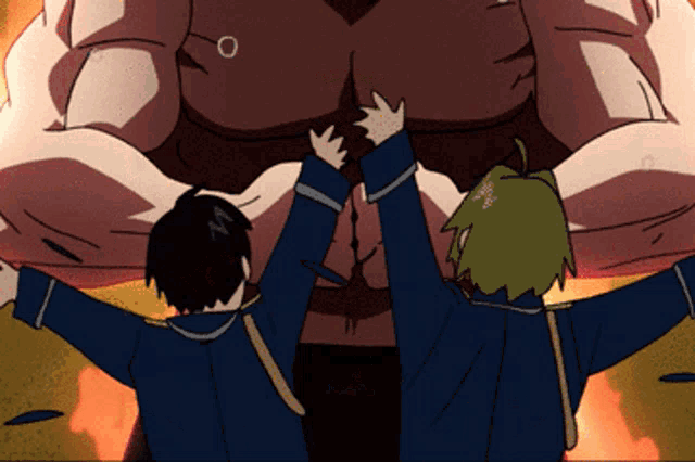 two anime characters are standing in front of a man 's torso