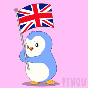 a penguin holding a british flag with the word pengu on the bottom right