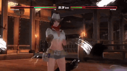 a woman in a cowboy hat is fighting another woman in a video game called nadtora