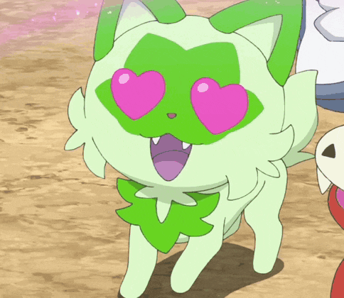 a green cat with pink heart shaped eyes and a green leaf on its face