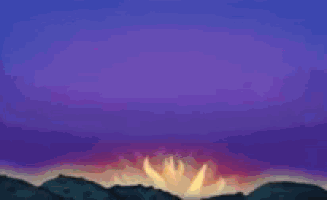 a painting of a sunset with a sun rising over a mountain .