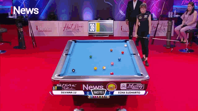 a pool table with a sign that says news