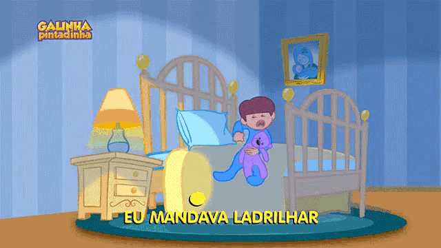 a cartoon of a boy holding a stuffed animal in a bedroom with galiha pintadinha written on the bottom