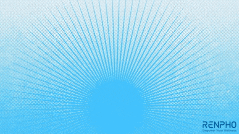 an advertisement for renpho shows a gray eye mask on a blue background