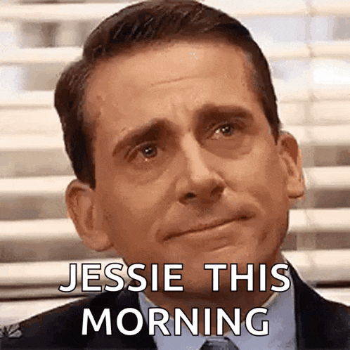 a close up of a man 's face with the words `` jessie this morning '' written on it .