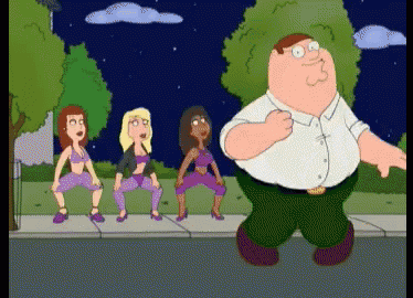 peter griffin from family guy is walking down the street with three women behind him
