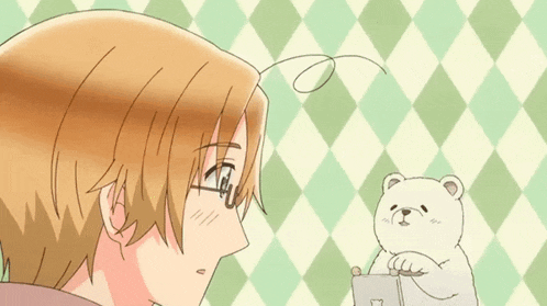 a cartoon of a man and a teddy bear looking at something
