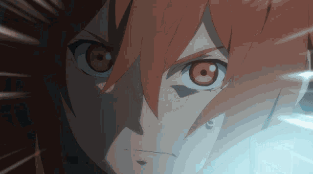a close up of a anime character 's face with red hair
