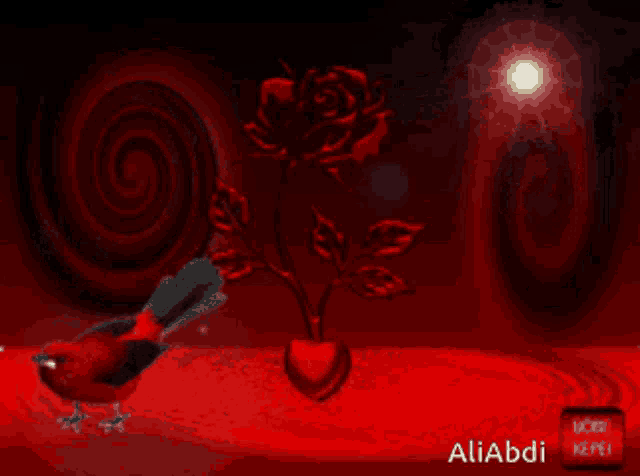 two red birds are standing next to a red flower and the name aliabdi is on the bottom right
