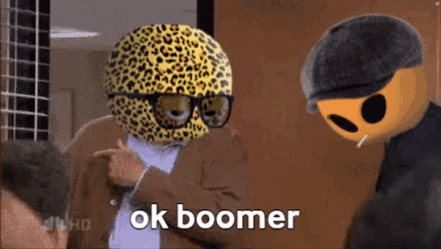 a man wearing a leopard print mask is talking to another man and the words ok boomer are visible