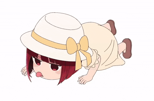 a cartoon girl with red hair wearing a white hat with a yellow bow