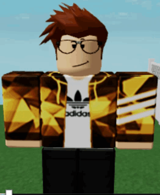 a cartoon character wearing glasses and a yellow adidas shirt