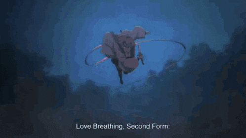 a cartoon of a girl with a sword and the words love breathing second form below her