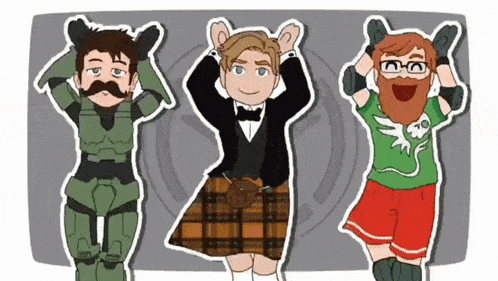 a cartoon of a man in a kilt and a man in a green shirt