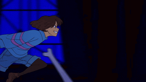 a cartoon character with brown hair and a blue shirt with pink stripes