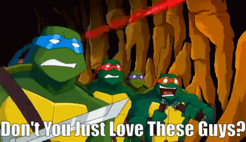 a cartoon of teenage mutant ninja turtles with the caption " do n't you just love these guys " on the bottom