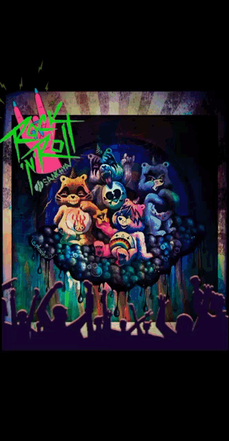 a painting of a bunch of stuffed animals with a sign that says rock