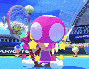 a pink toad holding a tennis racquet in front of a tennis club banner