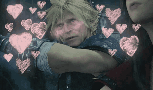a man is surrounded by pink hearts and a woman