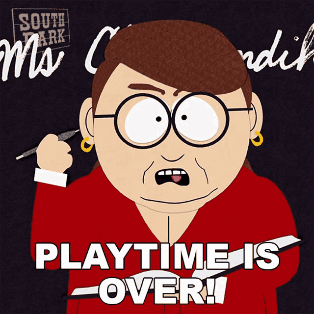 a cartoon of a woman holding a pen and the words playtime is over