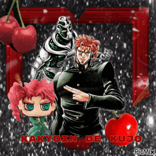 a picture of kakyoin de kujo from jojo 's bizarre adventure with two cherries in the background