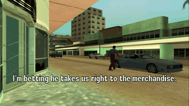 a video game scene with the words i 'm betting he takes us right to the merchandise at the top