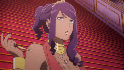 a woman with purple hair and a tiara on her head