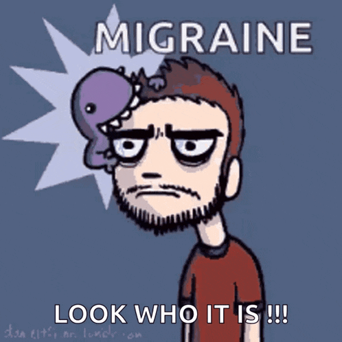 a cartoon of a man with a dinosaur on his head with the words migraine look who it is