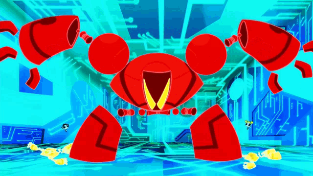 a cartoon drawing of a red robot with the letter v on it 's chest