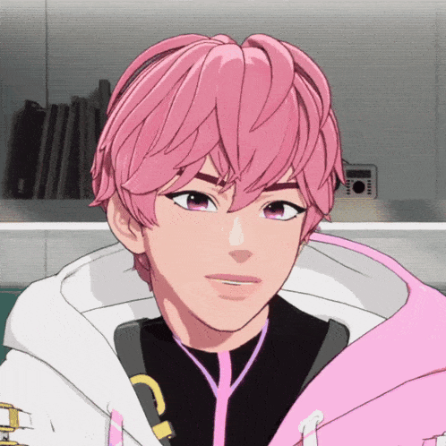 a cartoon character with pink hair is wearing a pink hoodie