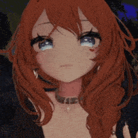 a girl with red hair and blue eyes is wearing a choker and earrings