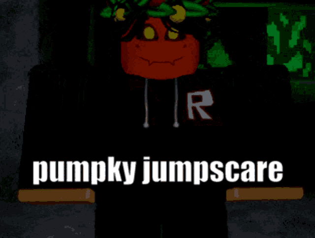 a picture of a pumpkin with the words pumpky jumpscare on the bottom
