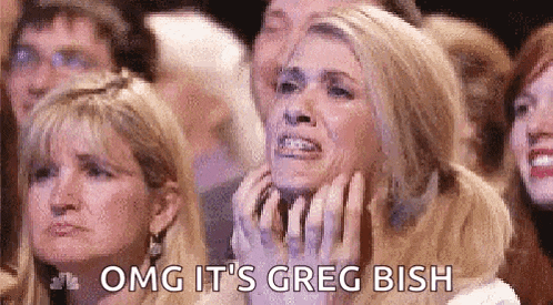 a woman is crying in a crowd of people with the words `` omg it 's greg ish '' written above her .