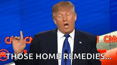 donald trump is making a funny face while giving a speech on cnn and says `` those home remedies ... ''