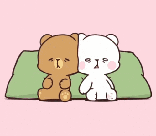 a cartoon of two teddy bears sitting next to each other on a green pillow