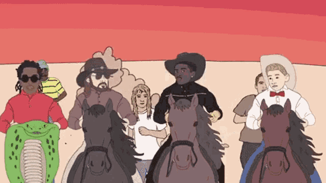 a group of people riding horses with a snake in the middle