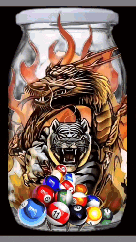 a painting of a dragon and a tiger with pool balls including the number 11