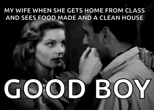 a black and white photo of a man and woman with the caption " my wife when she gets home from class "