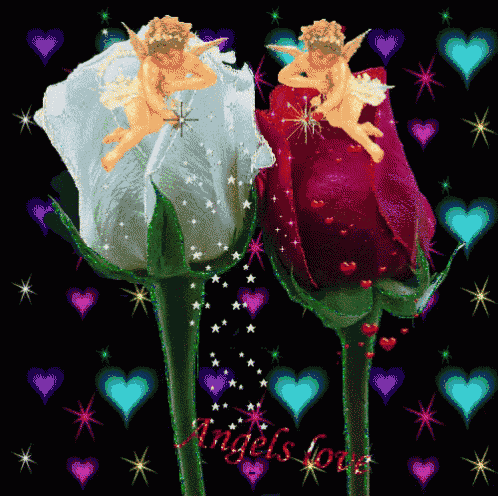 two roses with angels on them and the words " angels love "