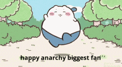 a picture of a cartoon character with the words happy anarchy biggest fan on the bottom