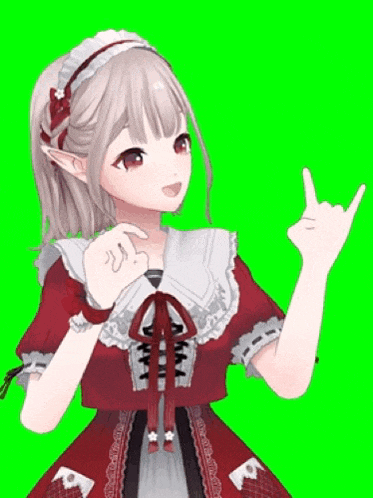 a girl in a red dress is making a peace sign