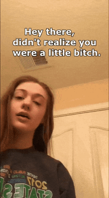 a girl wearing a shirt that says ' hey there didn 't realize you were a little bitch ' on it